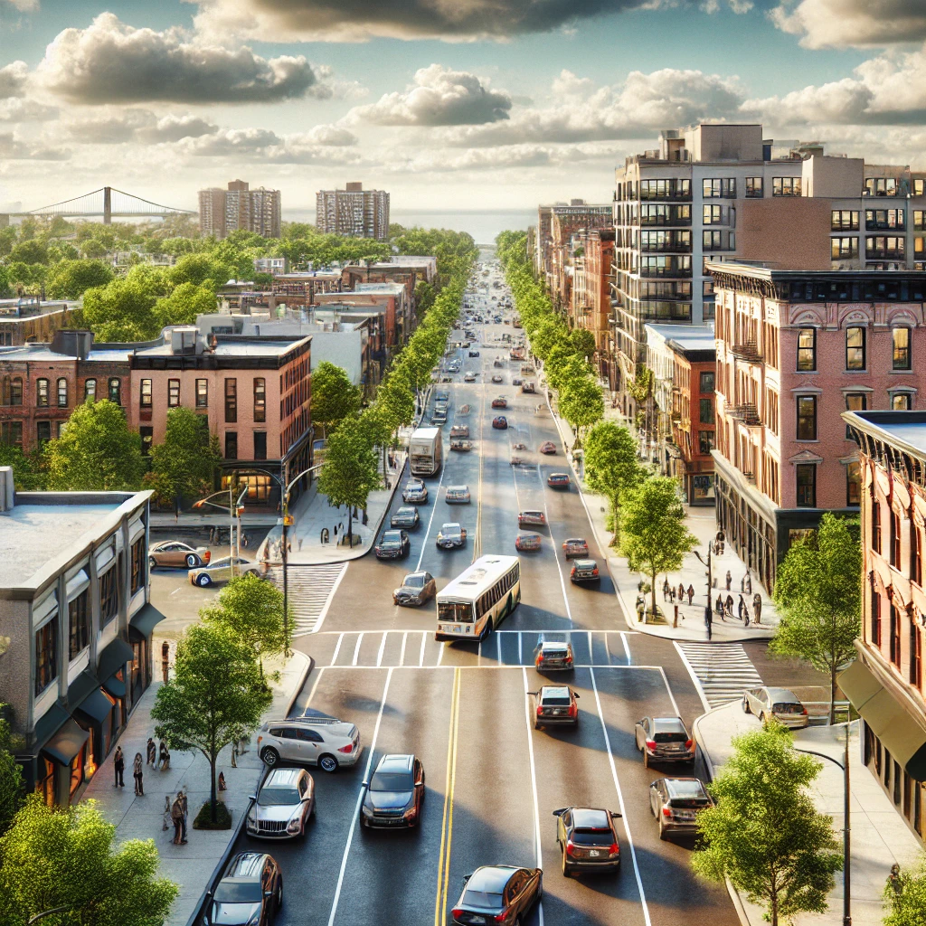 A realistic aerial view of a New Jersey cityscape featuring a busy street with cars driving and parked along the side. The scene includes a mix of mod.webp